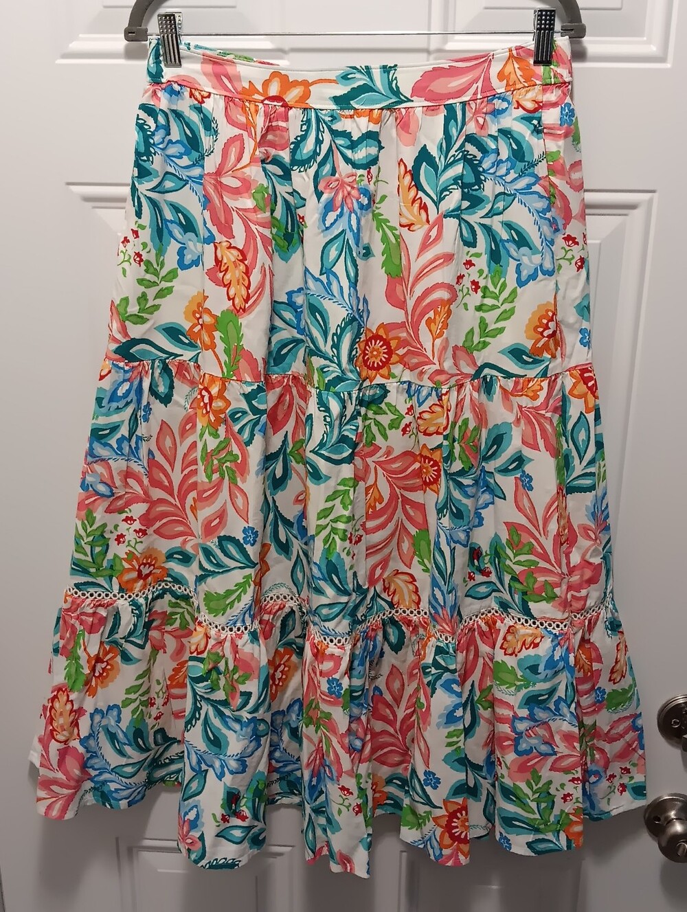 Tropical Floral Tiered A-Line Midi Skirt Sz M Cottagecore Cotton/Rayon Blend - Picture 11 of 11